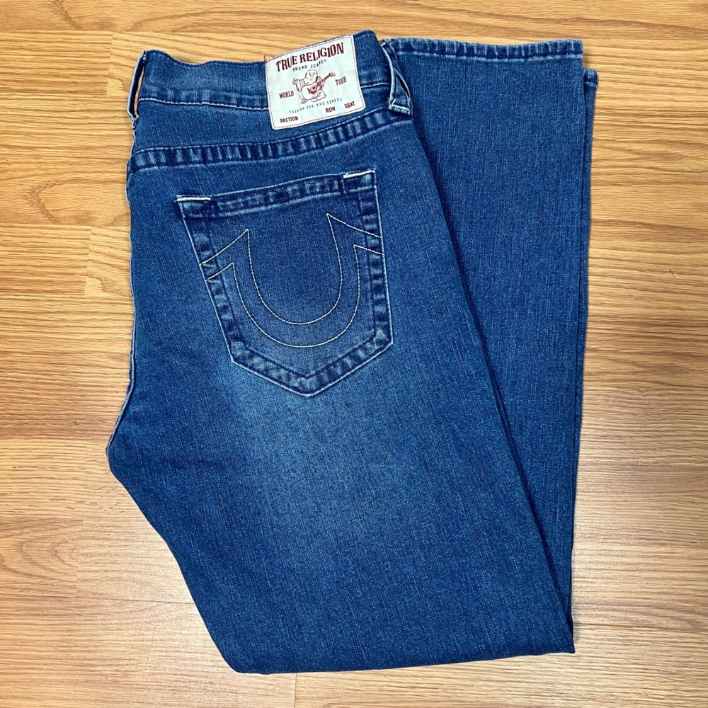 True Religion Geno Relaxed Slim Jeans Mens 38 Blue Medium Wash Horseshoe Stitch